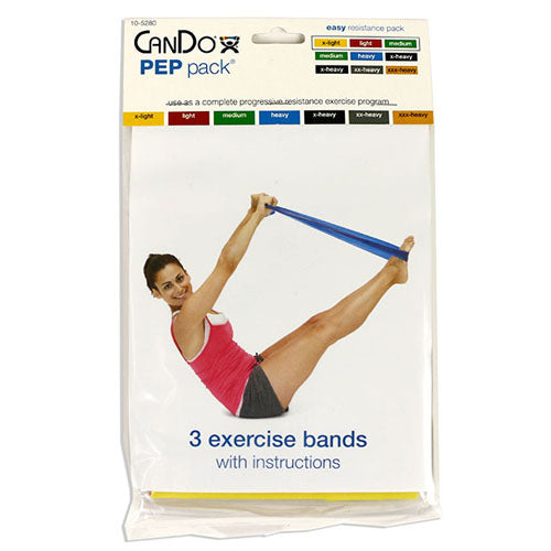 Cando Exercise Band Pep Packs Beginner Set - Includes Yellow, Red, and Green 4-Foot Low-Powder Bands with Illustrated Instruction Chart