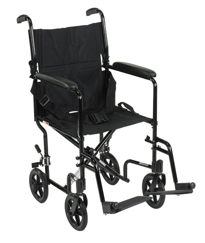 Transport Wheelchair 19 Inch Black Lightweight Aluminum Frame With Swing Away Footrests