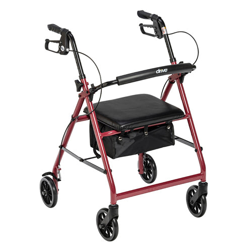 Drive Medical 4-Wheel Rollator With Padded 14x14 Seat Removable Backrest Under-Seat Pouch Red