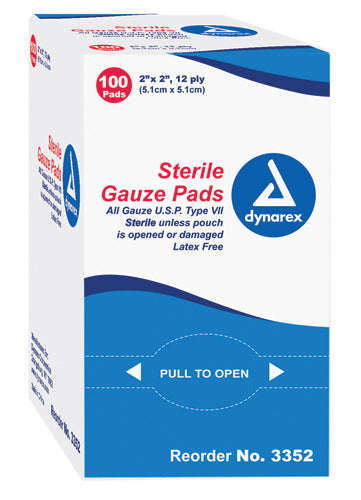 Sterile Gauze Pads 2x2 Inches 12-Ply Box of 100 Individually Packaged For Wound Care