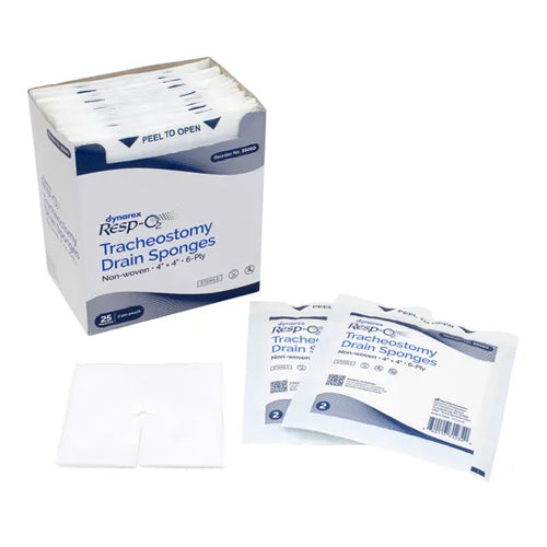 Dynarex Resp-O2 Tracheostomy Drain Sponges, Nonwoven, 6-Ply, Sterile, 25 Per Pack