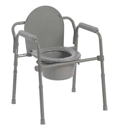 Drive Medical Folding Steel 3 in 1 Bedside Commode Gray with 8 Qt Bucket and Splash Shield 19 Inch Arm Width