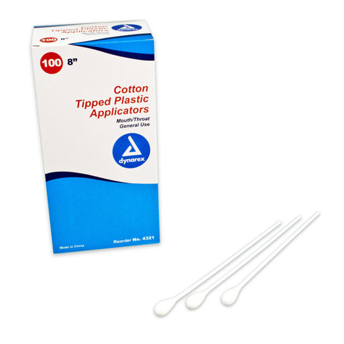 Cotton-Tipped Plastic Applicators 8 Inch Mouth Throat General Use Box of 100 Nonsterile