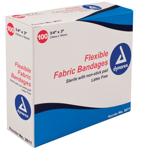 Dynarex Flexible Fabric Bandages 3/4 x 3 Nonstick Pad Sterile Box 100 Latex Free