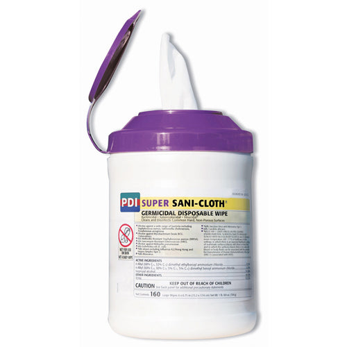 PDI Sani-Cloth Super Germicidal Disposable Wipes 6x6.75in EPA Registered Hospital-Grade Tub 160