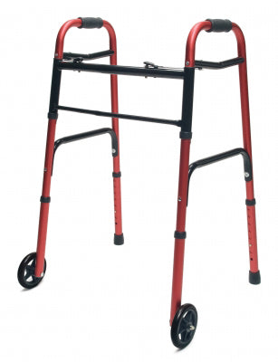Adult Folding Walker With Five Front Wheels Red Lightweight Aluminum Frame Case of 2