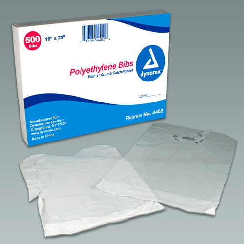 Dynarex Polyethylene Bibs 16x24 Crumb Catch Pocket Box 500