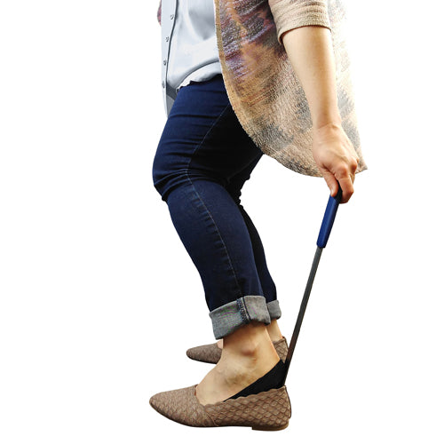 Blue Handle Metal Shoehorn 18 Inch Long With Non Slip Grip