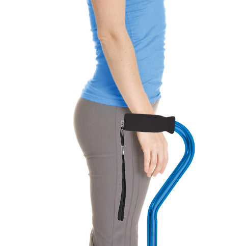 Offset Cane Aluminum Blue With Foam Handle Adjustable Height And Integrated Wrist Strap Lightweight