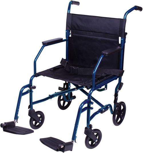 Transport Chair 19 Inch Steel Folding Blue With 8 Wheel Mobility And Swingaway Footrests 300 Lb Capacity