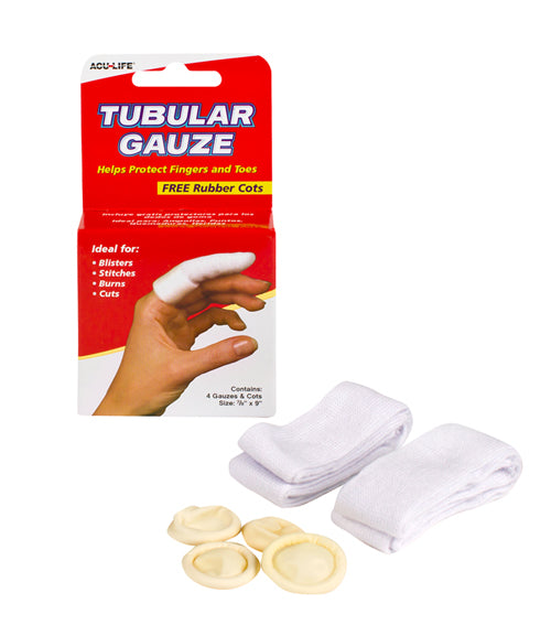 Tubular Gauze With Finger Cots, 4 Tubes, 4 Rubber Cots