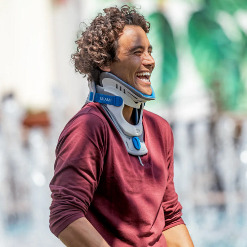 Miami J Select Cervical Collar Universal Adjustable Blue Gray With Patented Locking Mechanism