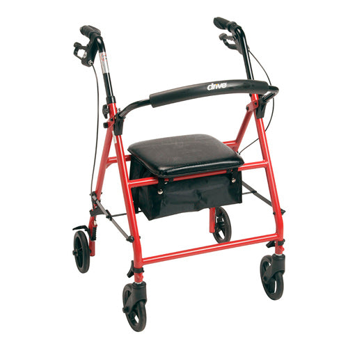 Steel Red Steel Rollator with 6 Wheels, Height Adjustable Arms 31-37 Inches, Supports Up to 350 Pounds, Padded Seat and Backrest