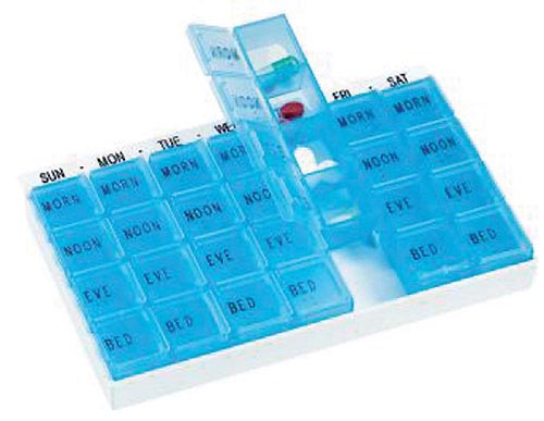 Medichest 7 Day Pill Organizer, 28 Compartments, Raised Braille Letters, White Base With Blue Or Lavender Inserts