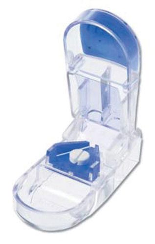 Pill Splitter With Self Retracting Blade Guard Clear Body and Blue Grip 3.625 Inches Long