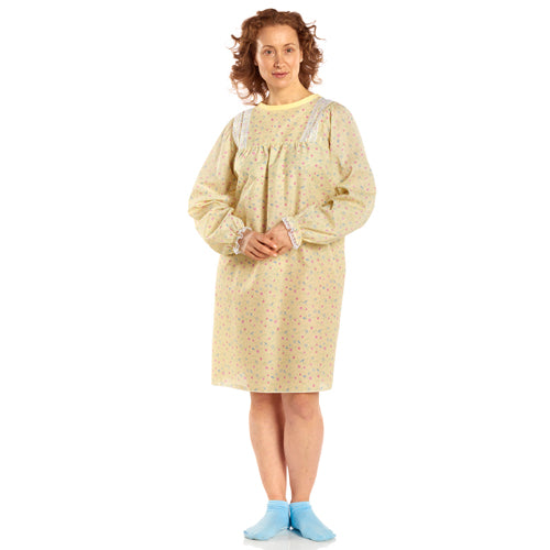 Ladylace Reusable Patient Gown Yellow Floral Long Sleeves Lace Trim Yoke Wrap Snap Closure One Size