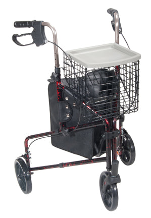  Rollator 3-Wheeled W/Pouch & Basket Loop Brake -Flame Red